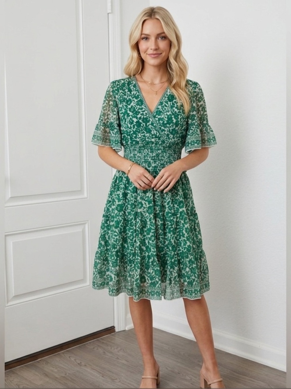 Max Studio small green floral flouncy elastic waist deep V dress.
